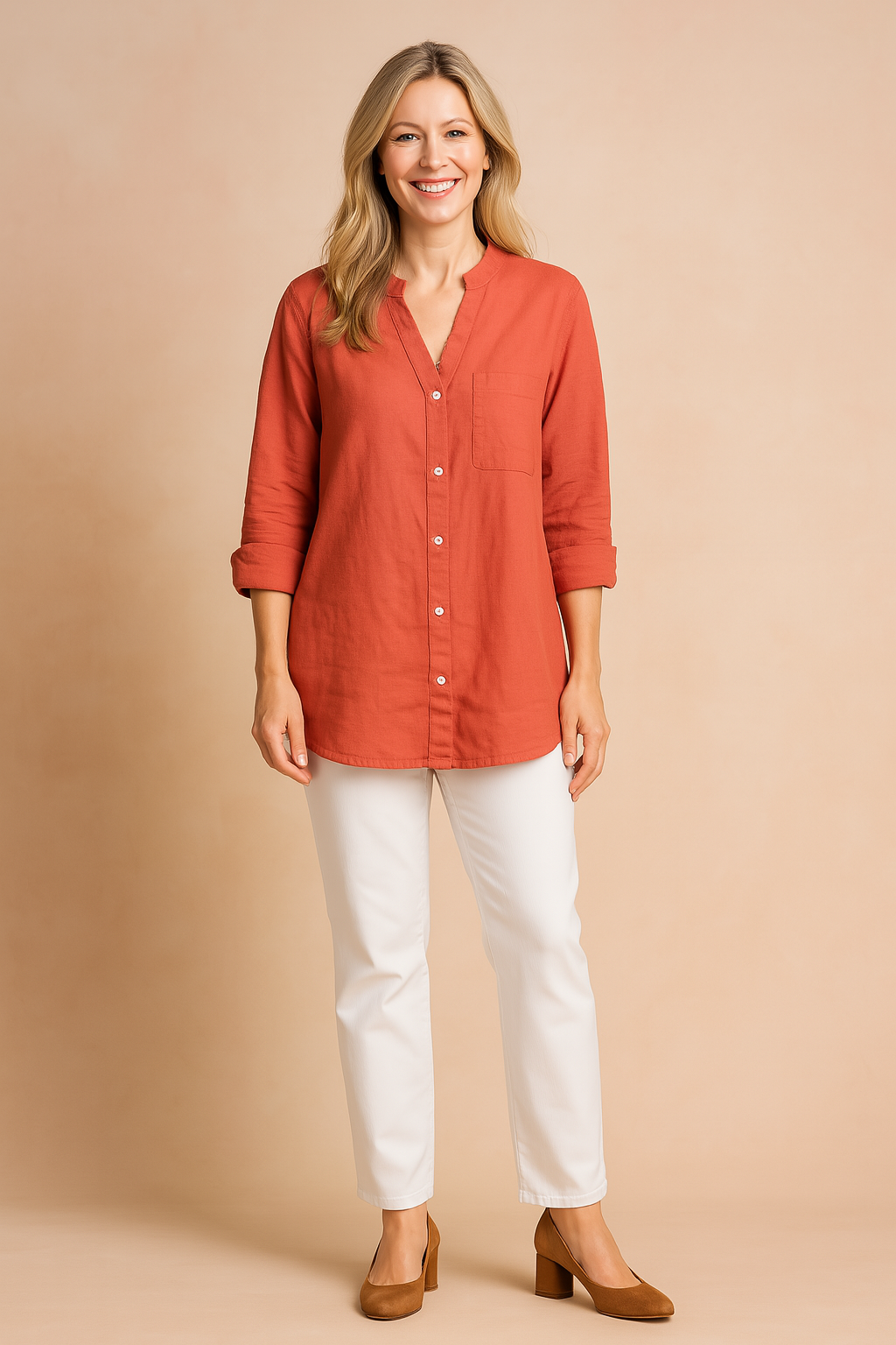 Elegant women's stand-up collar blouse with pocket, ideal for office and formal wear. Versatile long-sleeve shirt.