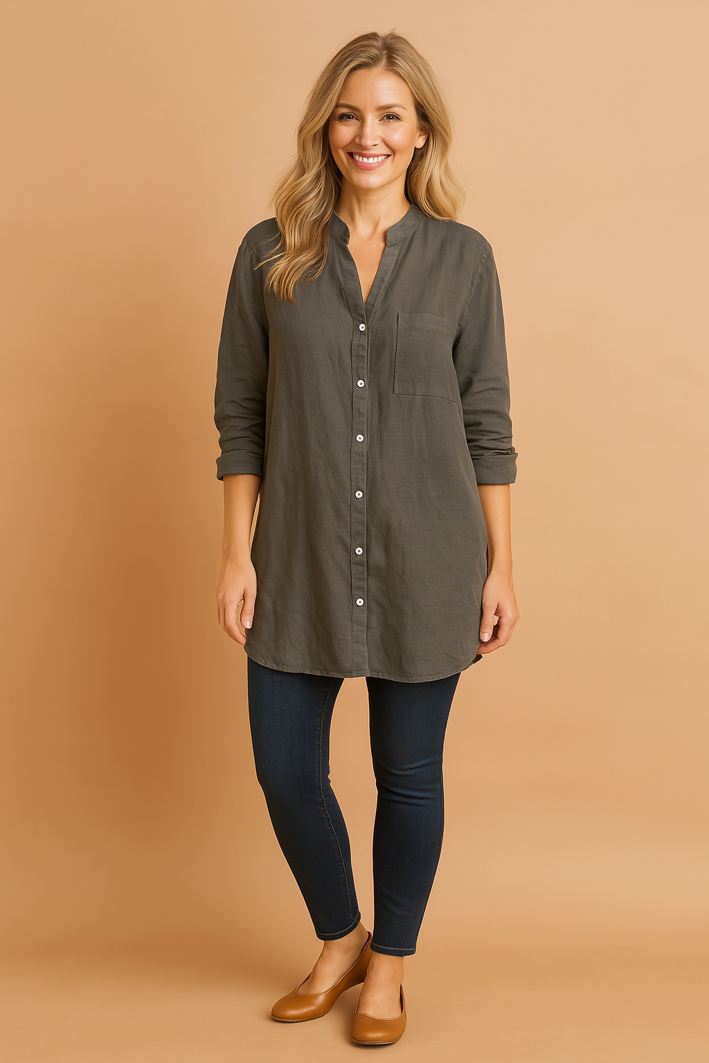 Versatile women's long-sleeve stand collar blouse. Casual yet elegant button-down shirt with a stylish pocket.