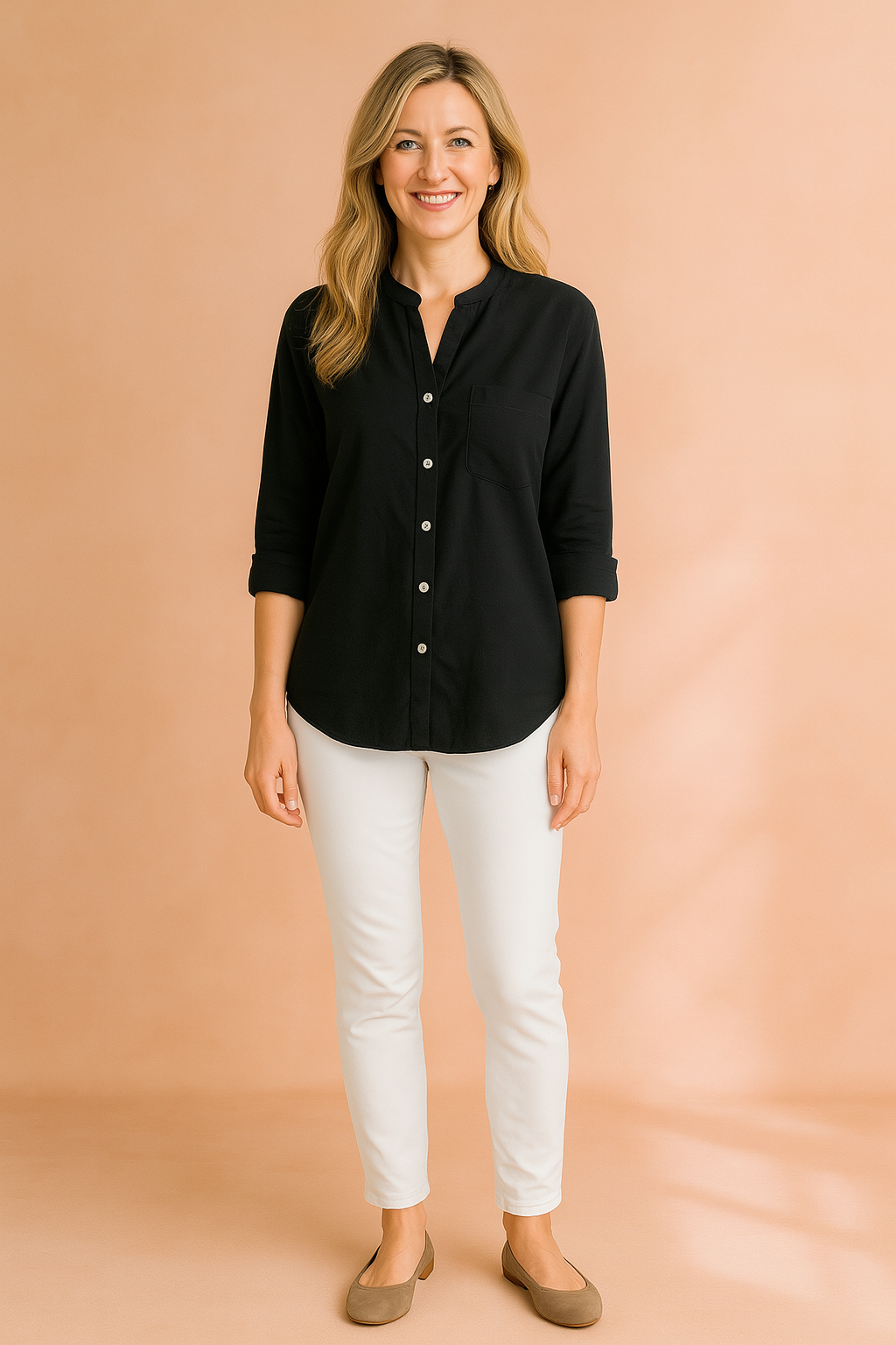 Women's classic long-sleeve stand-up collar blouse with pocket. Elegant workwear shirt, perfect for office.