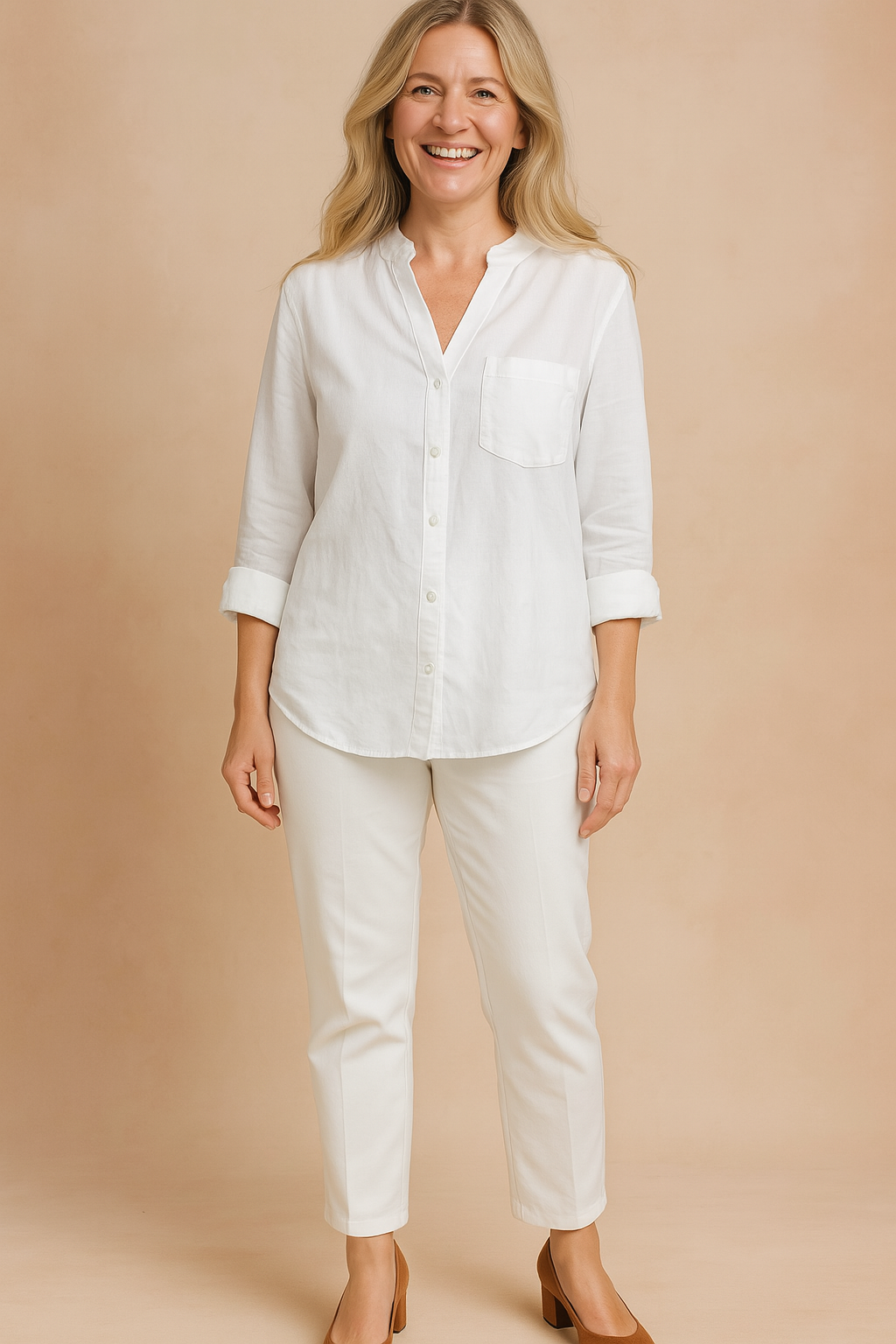 Stylish women's elegant stand-up collar blouse. Long-sleeve workwear shirt with pocket for a refined look.
