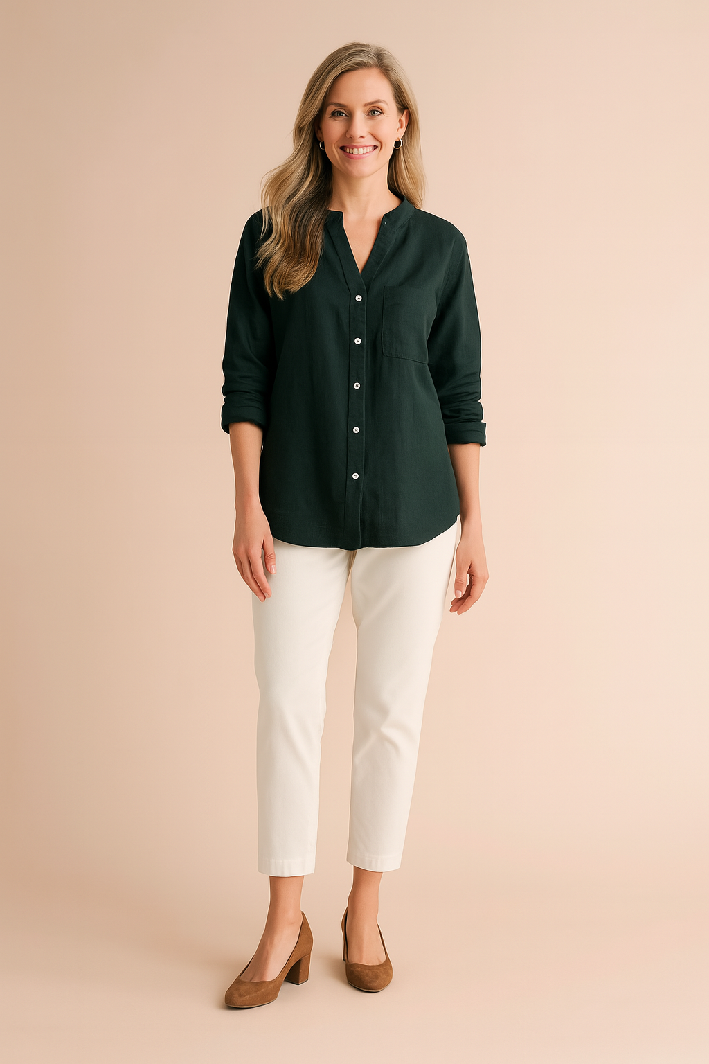 Women's versatile button-down blouse, stand-up collar. Elegant long-sleeve shirt with a practical pocket detail.