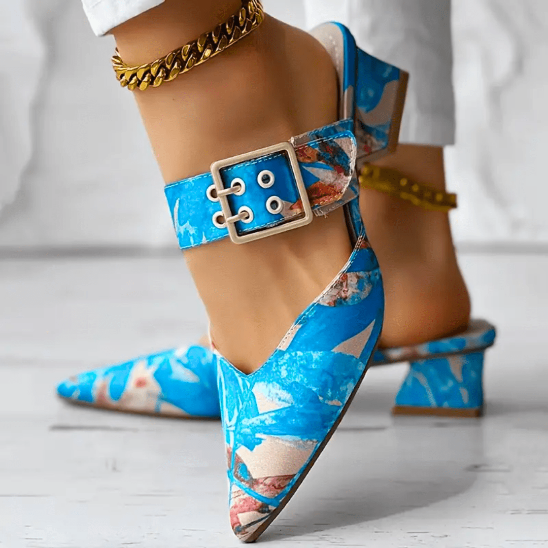 Close-up of vibrant women's statement heels. Stylish, elegant, and comfortable party shoes.