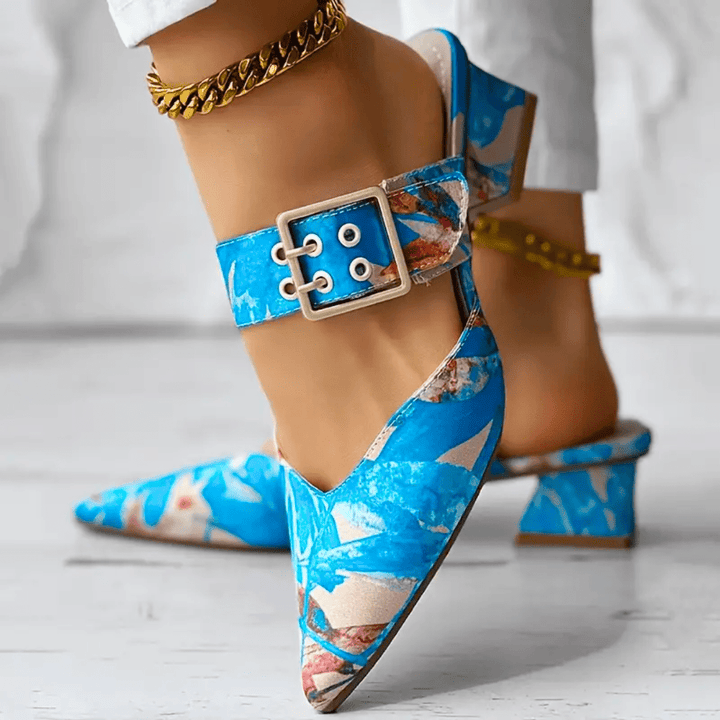 Close-up of vibrant women's statement heels. Stylish, elegant, and comfortable party shoes.
