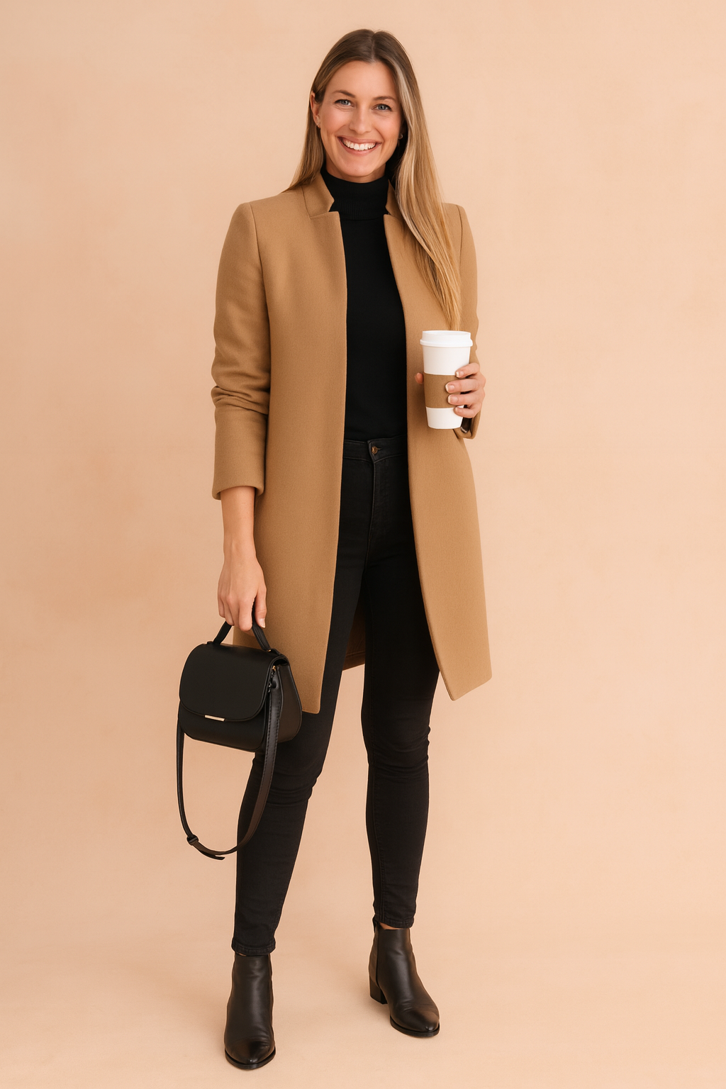 Elegant women's straight-cut coat in a minimalist style, perfect for timeless fashion outerwear.