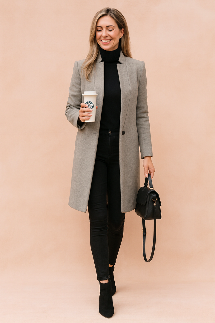 Khaki women's straight-cut coat, a versatile elegant jacket for office wear or casual fashion.