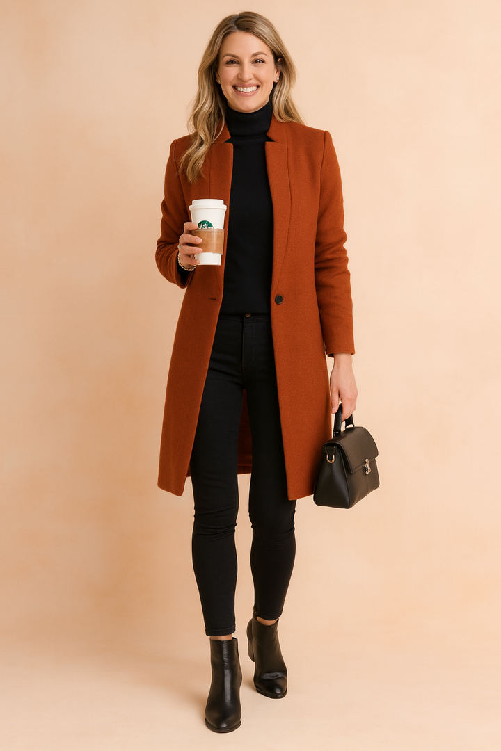 Gray women's straight-cut coat, essential minimalist outerwear for an elegant and timeless look.