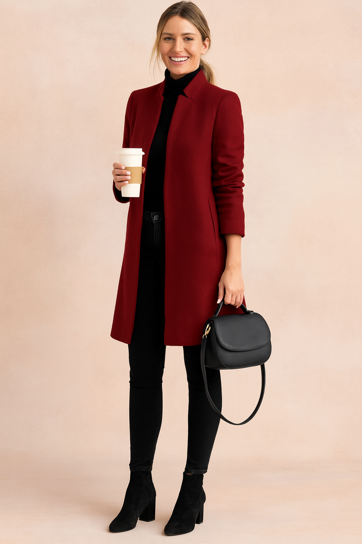 Burgundy women's straight-cut coat, sophisticated and warm, ideal for elegant office fashion.