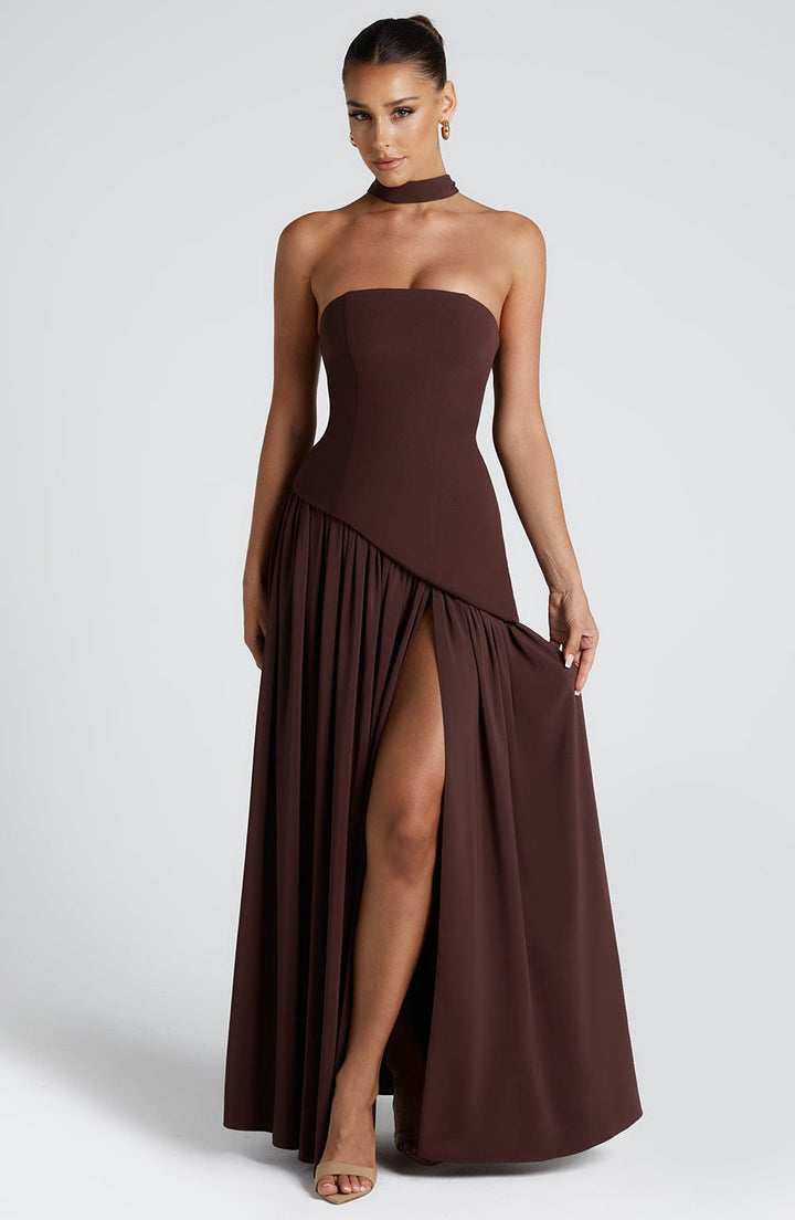 Graceful women's strapless cocktail maxi dress, elegant with a stunning and modern high slit.