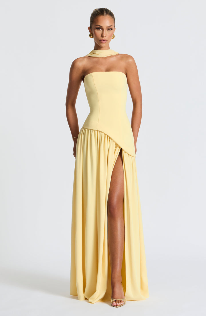 Sophisticated women's cocktail dress, strapless maxi style with a captivating high slit.