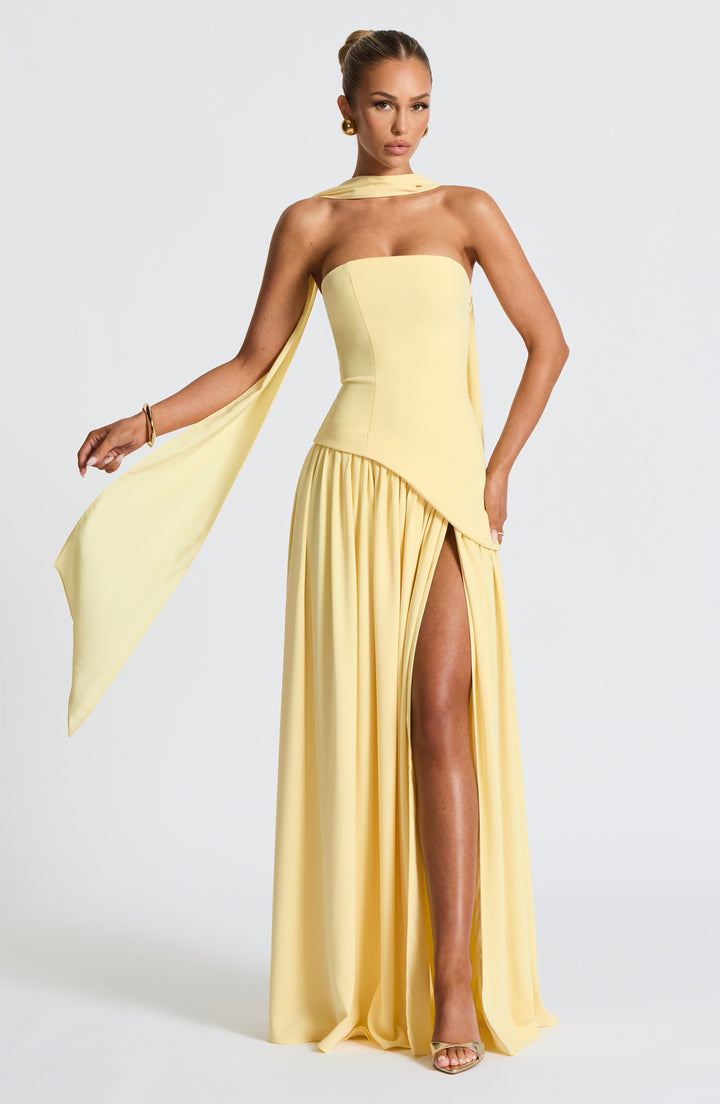 Party-ready women's strapless maxi gown, elegant silhouette with a stunning high slit detail.