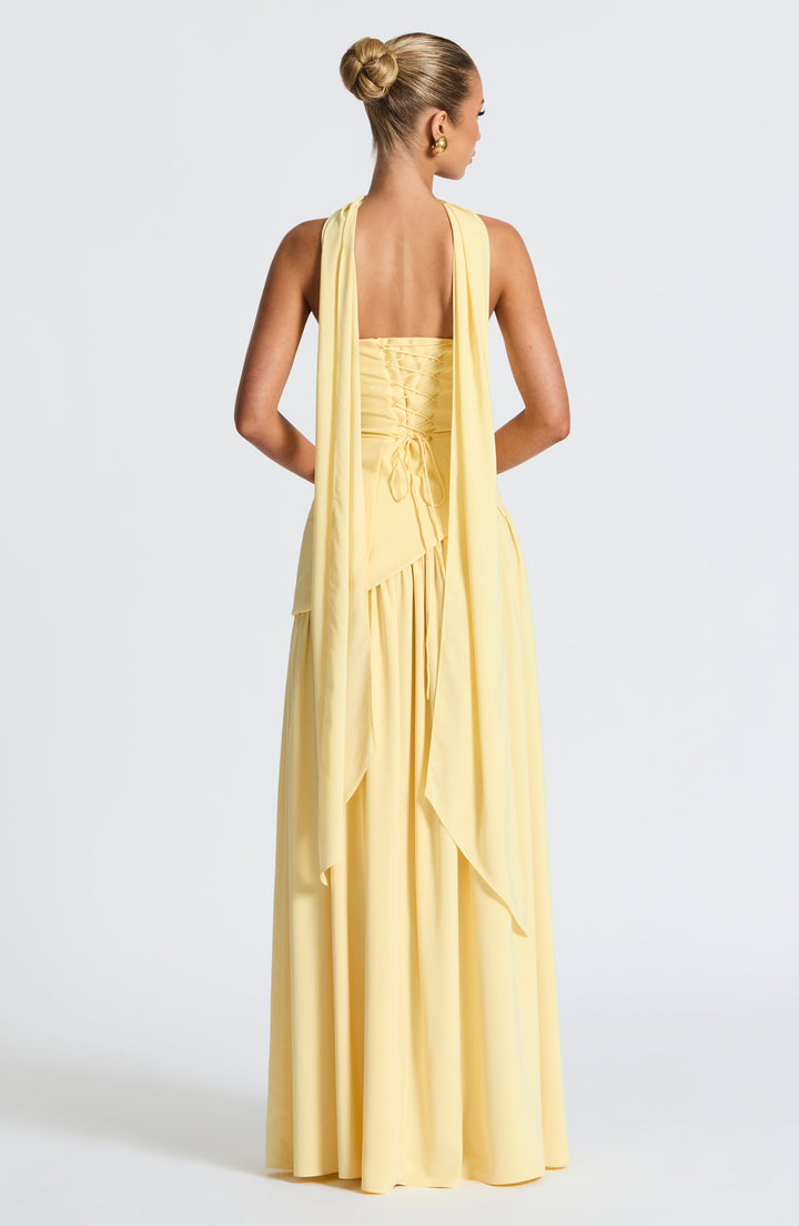 Women's elegant evening dress, strapless and a maxi length with a stylish high leg slit.