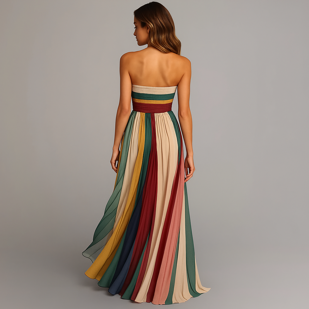 Stunning pleated strapless maxi dress for women, in a flowing striped design, suitable for formal events & parties.