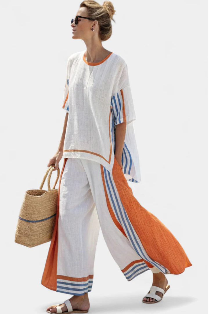 Elegant women's striped linen two-piece set, perfect for summer casual wear