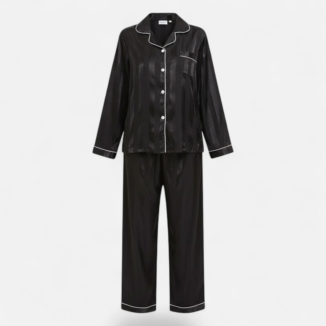 Elegant women's striped long sleeve lounge set, comfortable for stylish home wear.