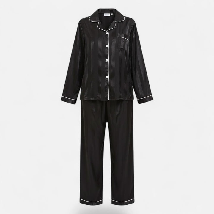 Elegant women's striped long sleeve lounge set, comfortable for stylish home wear.