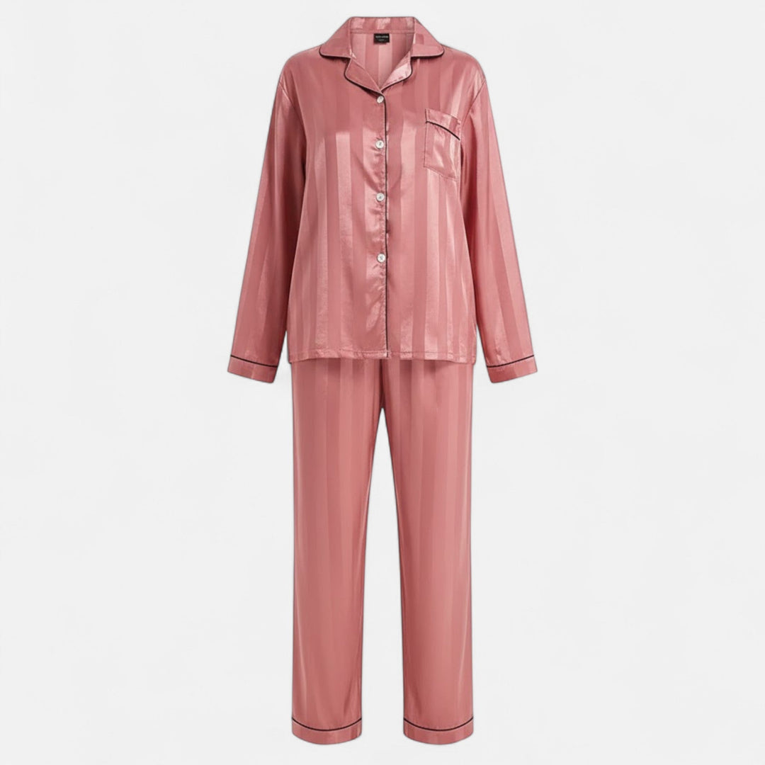 Elegant women's striped long sleeve sleep set, ideal for cozy nights & mornings.