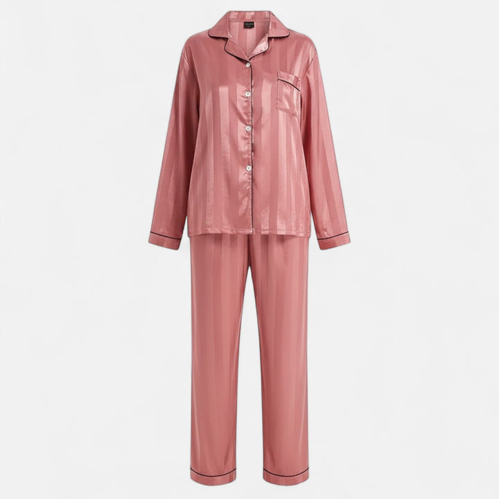 Elegant women's striped long sleeve sleep set, ideal for cozy nights & mornings.