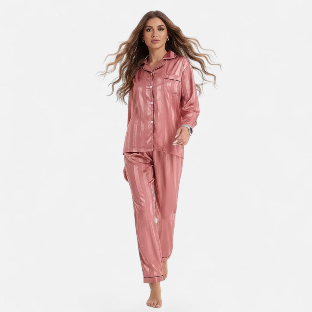 Comfortable women's striped long sleeve pajamas, a stylish two-piece loungewear set.