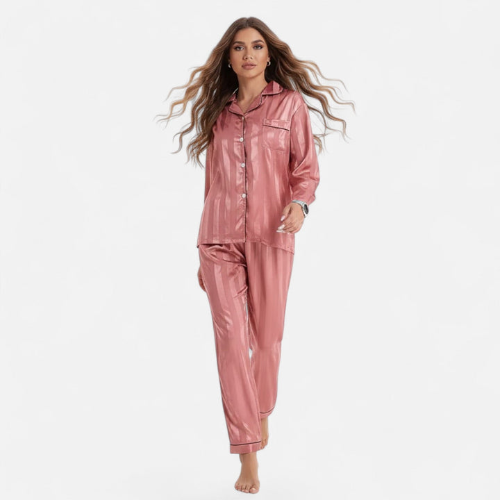 Comfortable women's striped long sleeve pajamas, a stylish two-piece loungewear set.