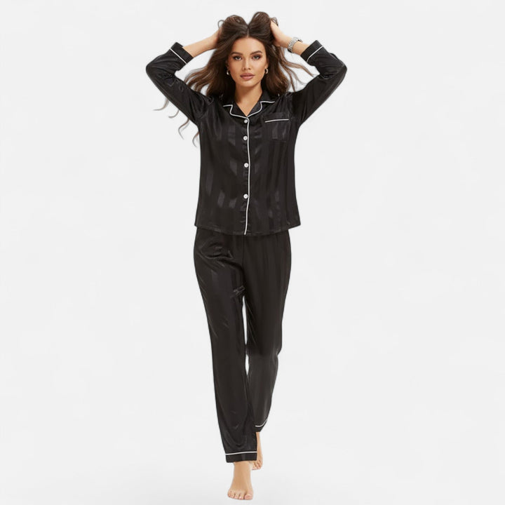 Comfortable striped long sleeve nightwear set for women, elegant & cozy loungewear.