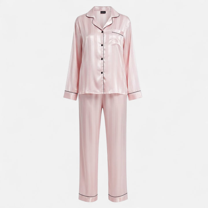 Elegant women's striped lounge set, long sleeve top & pants for relaxation & home.