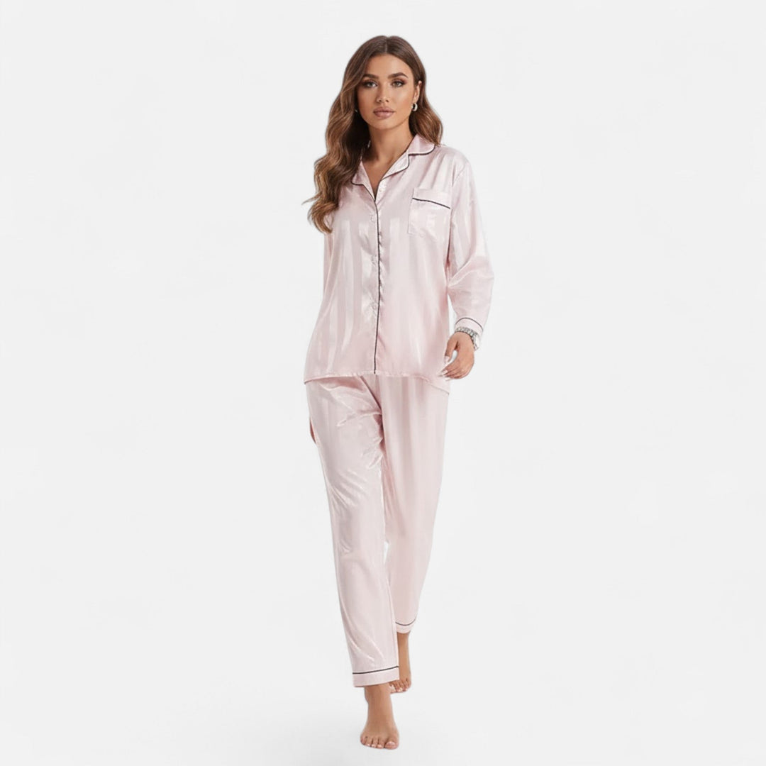 Women's matching striped long sleeve sleepwear set, perfect casual loungewear.