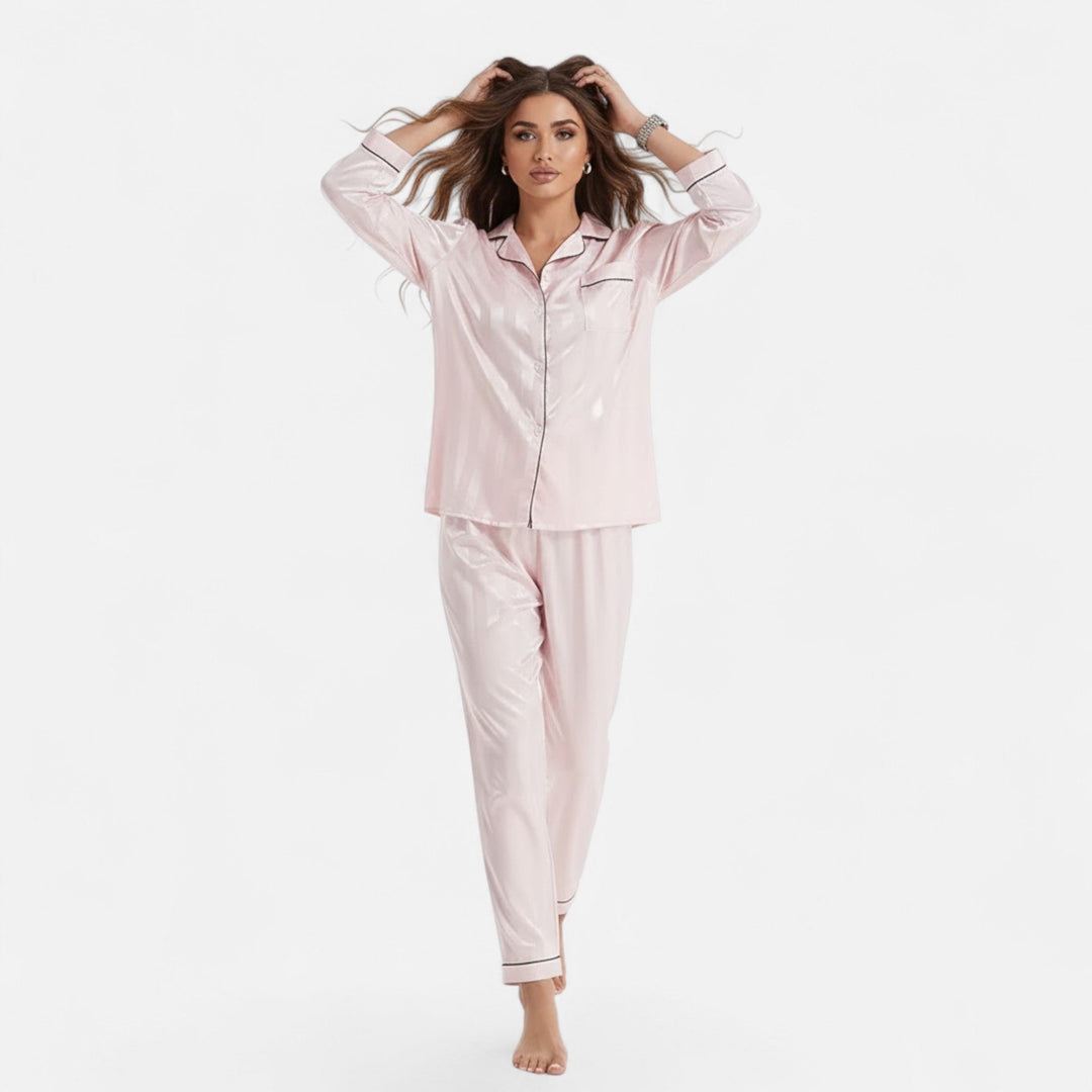 Soft women's striped long sleeve pajama set, ultimate comfort for elegant home wear.