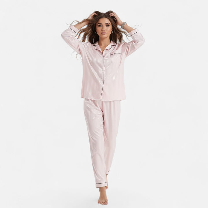 Soft women's striped long sleeve pajama set, ultimate comfort for elegant home wear.