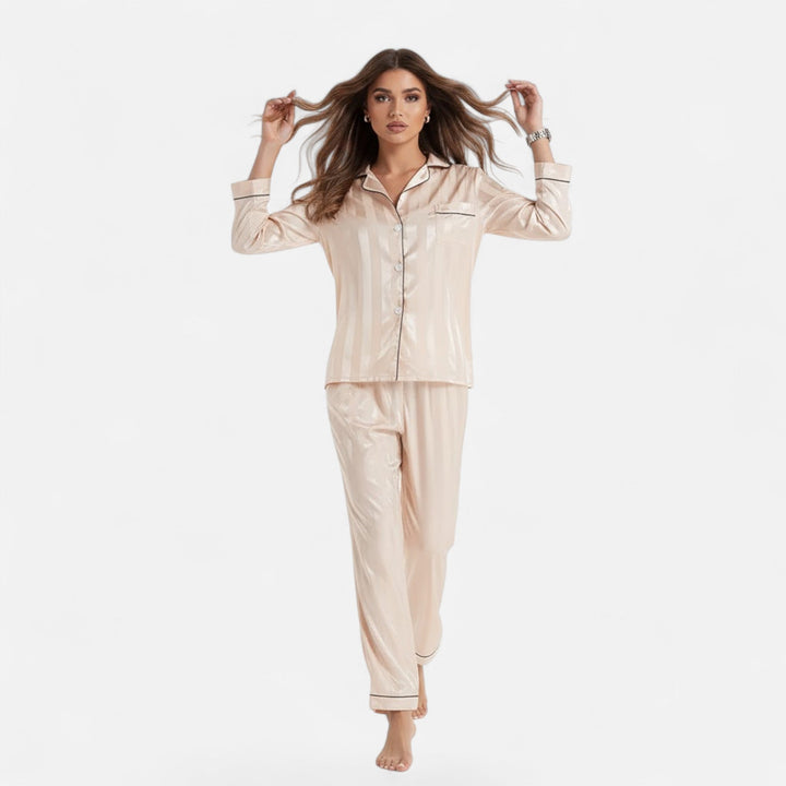 Cozy women's striped long sleeve home wear set, perfect for elegant relaxation.