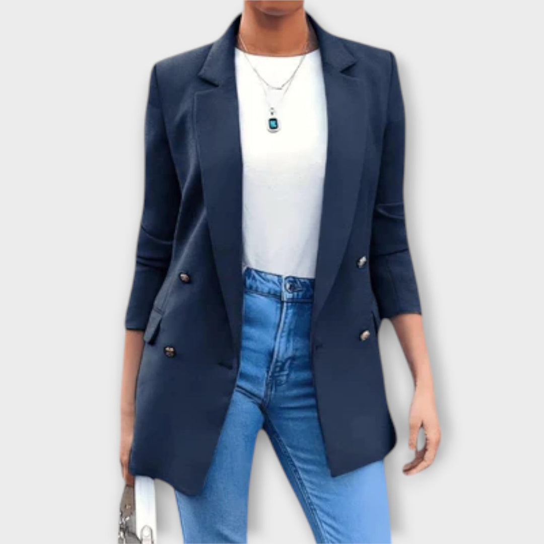 Elegant women's structured longline blazer jacket in black, ideal for office or casual smart fashion.