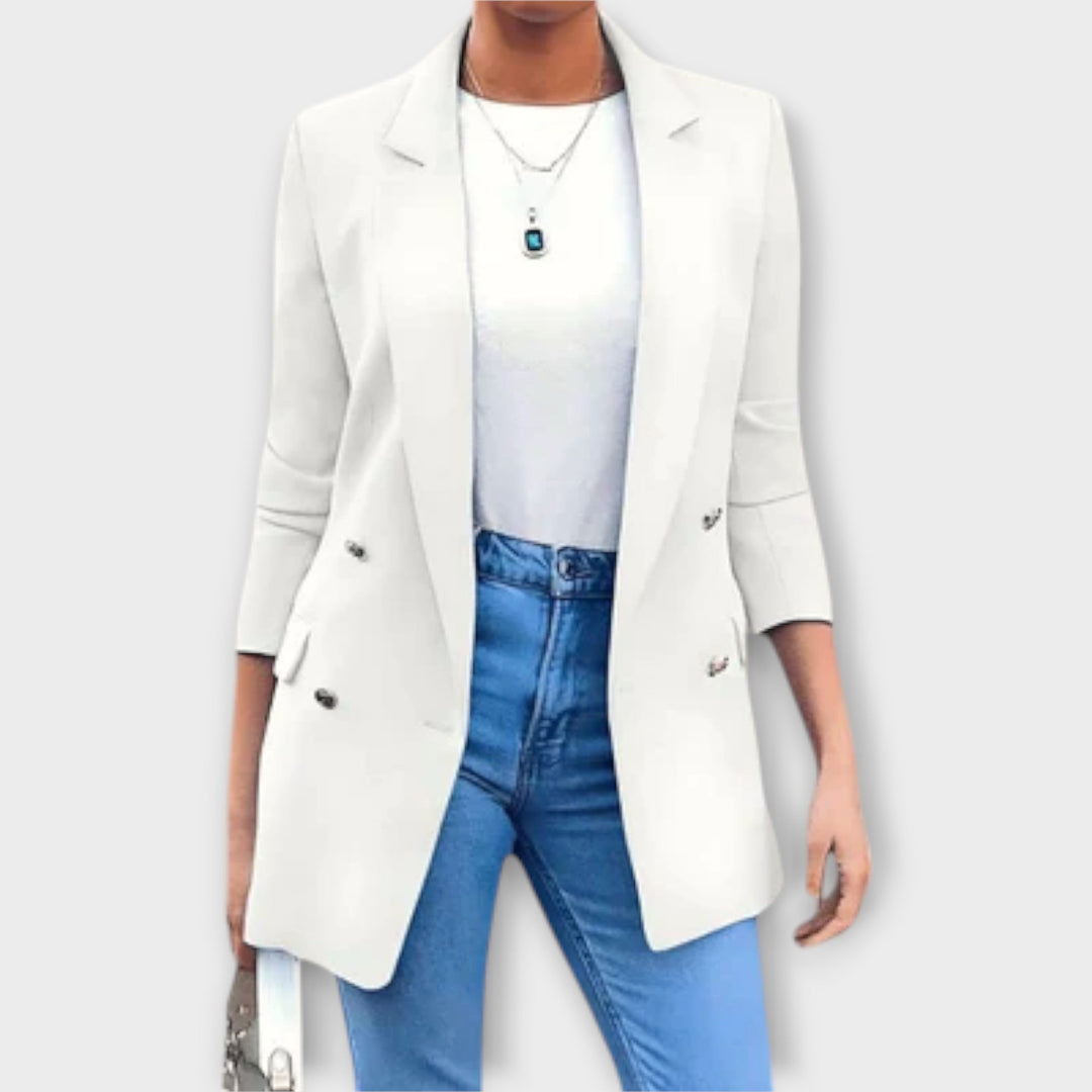 Casual yet chic women's structured longline blazer, a versatile jacket for modern fashion and layering.