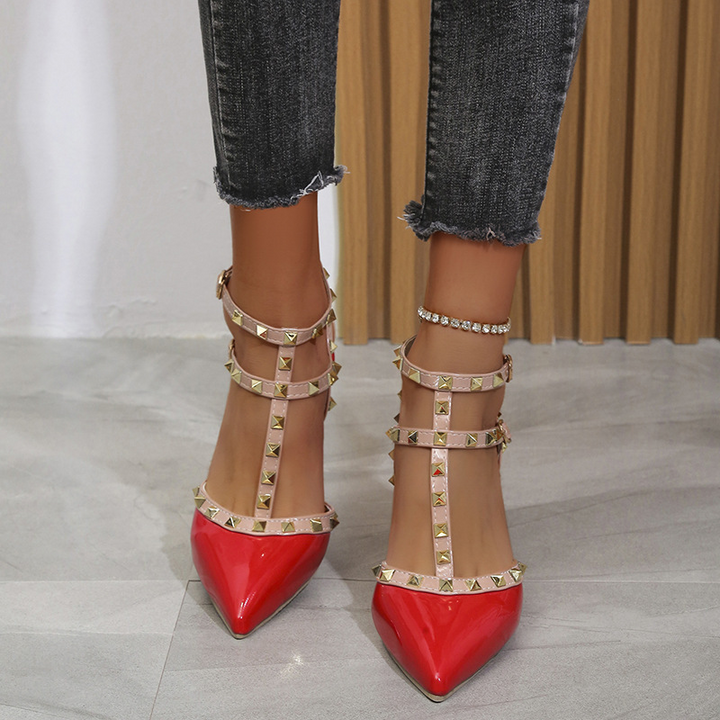 White women's fashion heels: elegant studded pointed-toe with double straps, perfect for formal or casual.