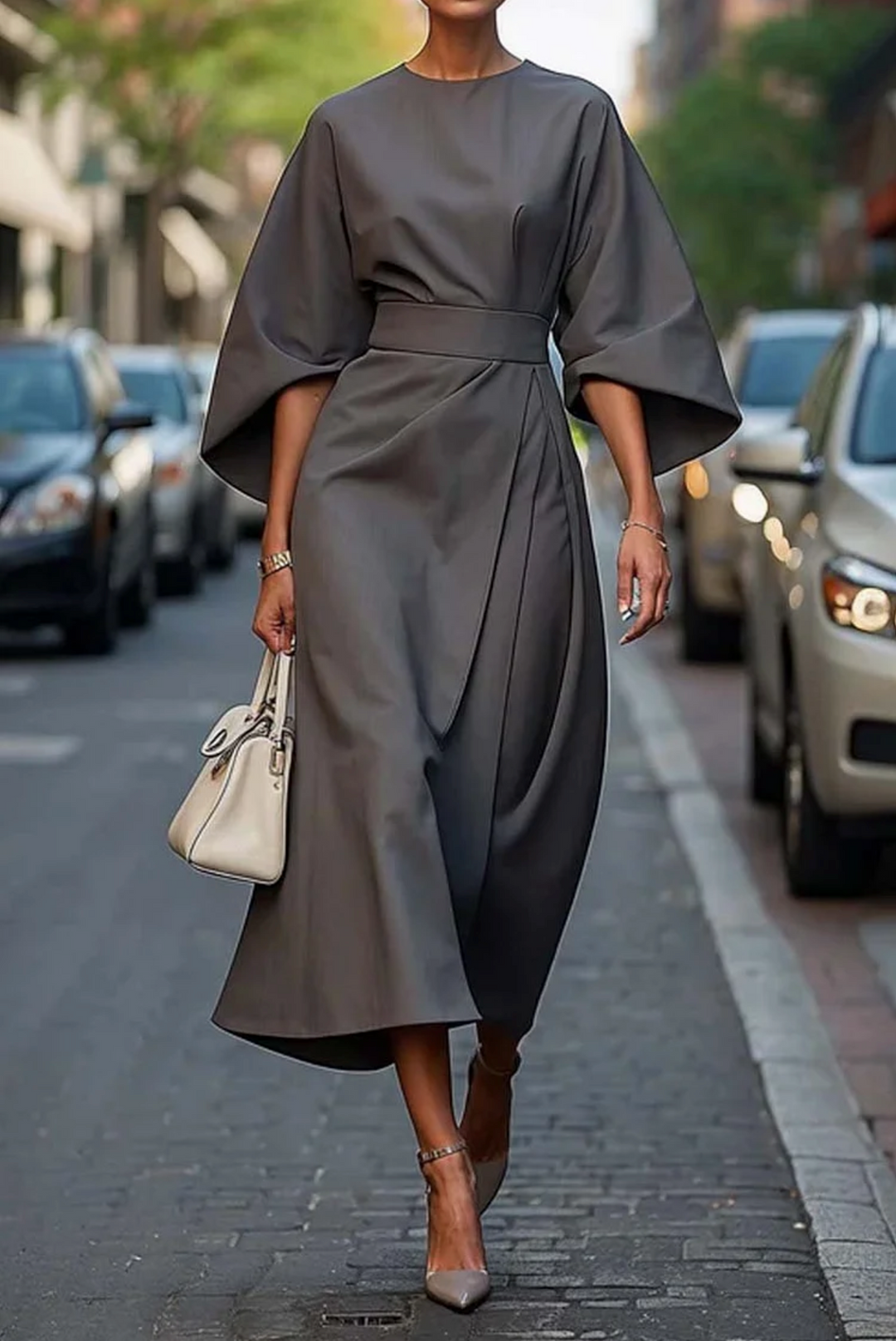 Back view of women's elegant summer dress, showing flared skirt, wide sleeves & belted waist detail.