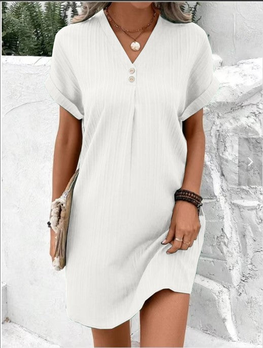 Women's elegant summer V-neck dress featuring decorative buttons, offering a comfortable and stylish fit.