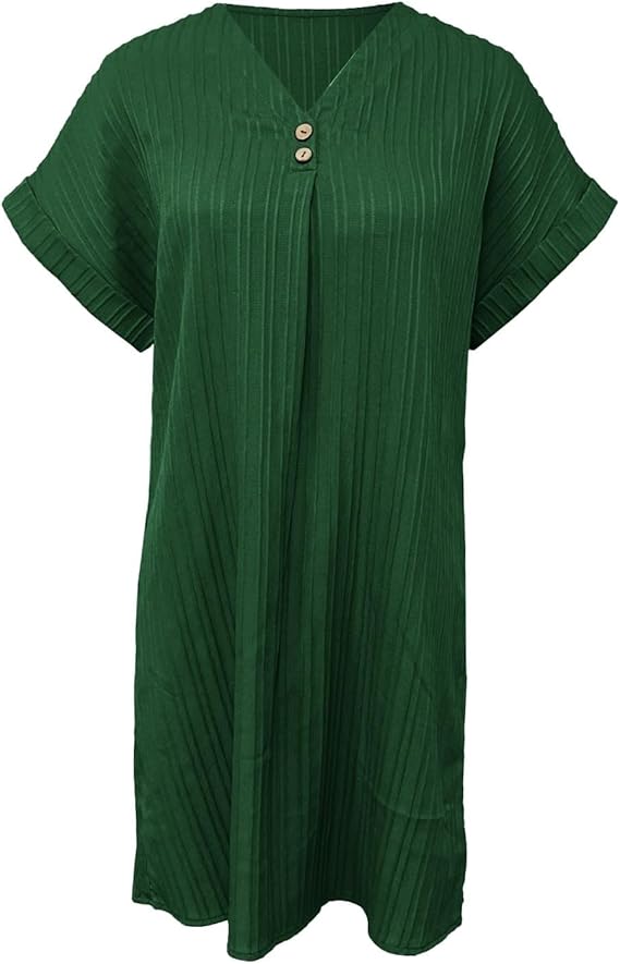 Casual women's summer V-neck dress with chic button details, versatile for everyday wear and holidays.