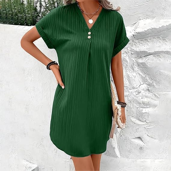 Women's V-neck button-front summer dress, an elegant and comfortable choice for casual or holiday outfits.