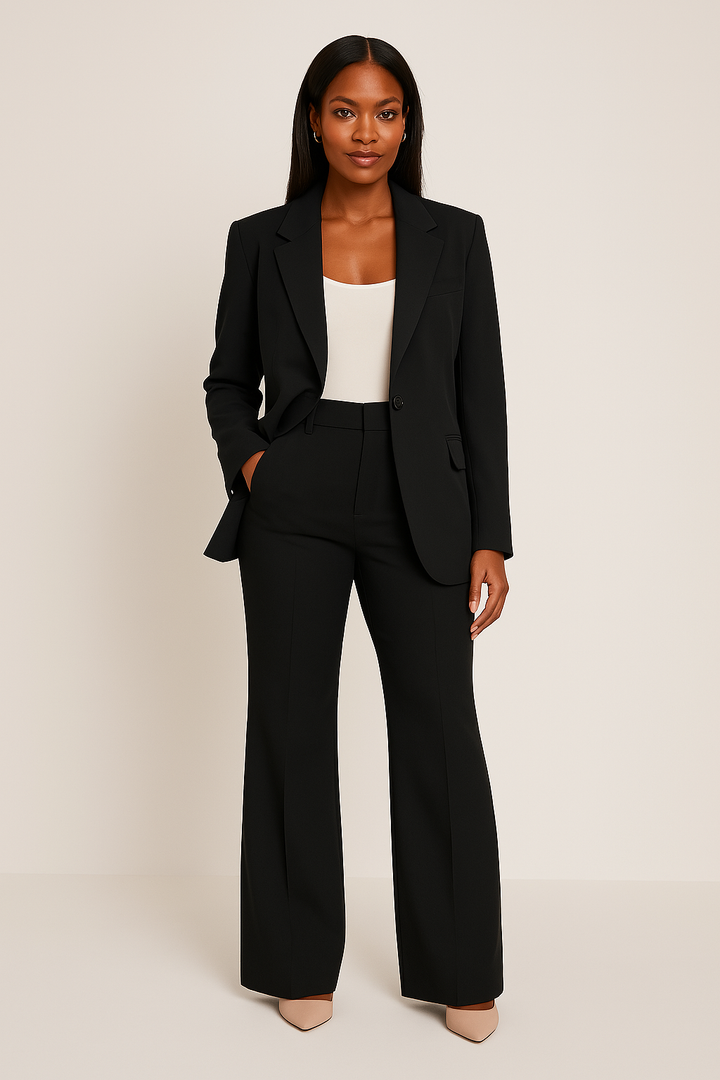 Elegant women's tailored blazer and pants set in light grey, perfect for professional business attire.