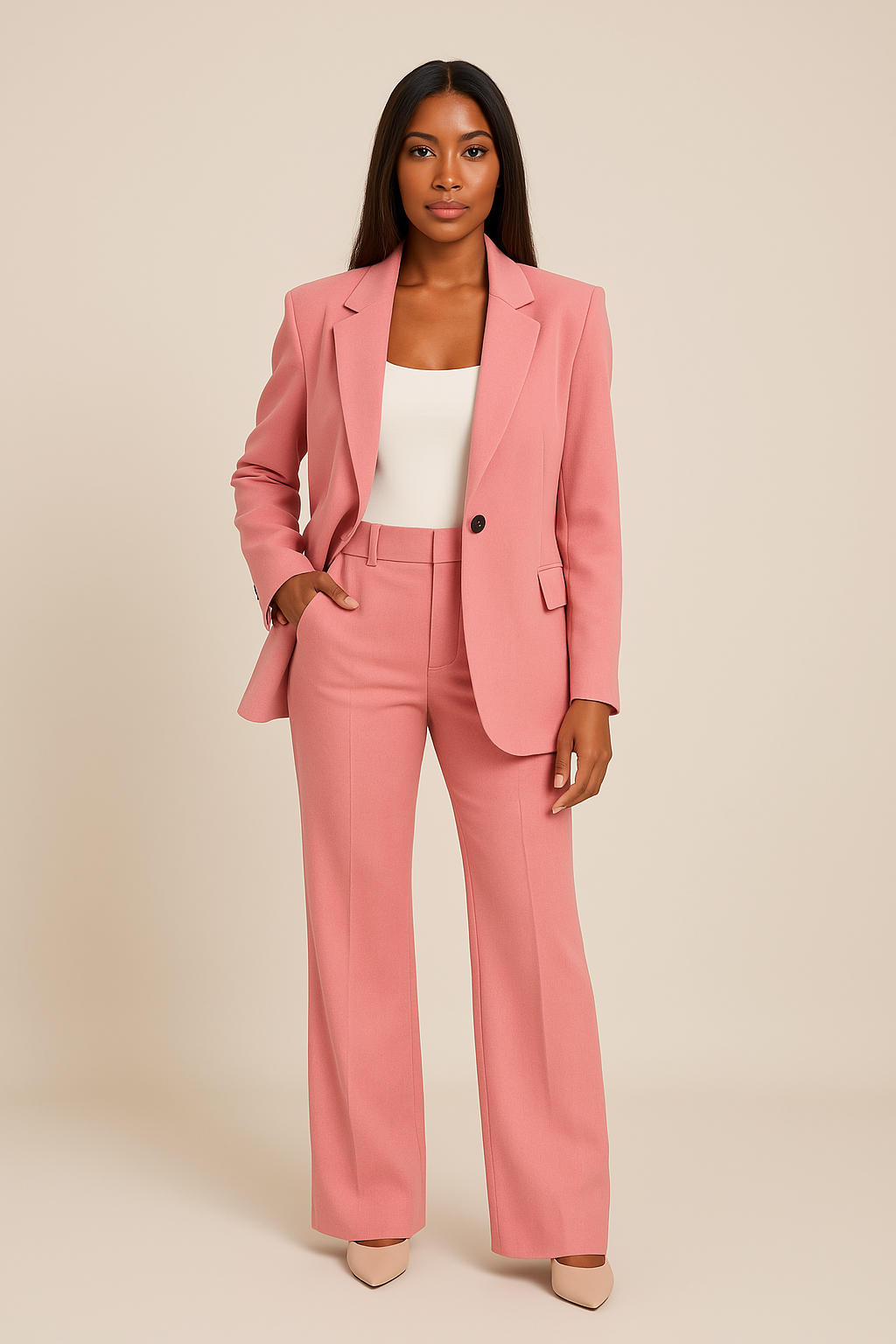 Chic women's two-piece suit with a fitted blazer and matching straight-leg pants for office wear.