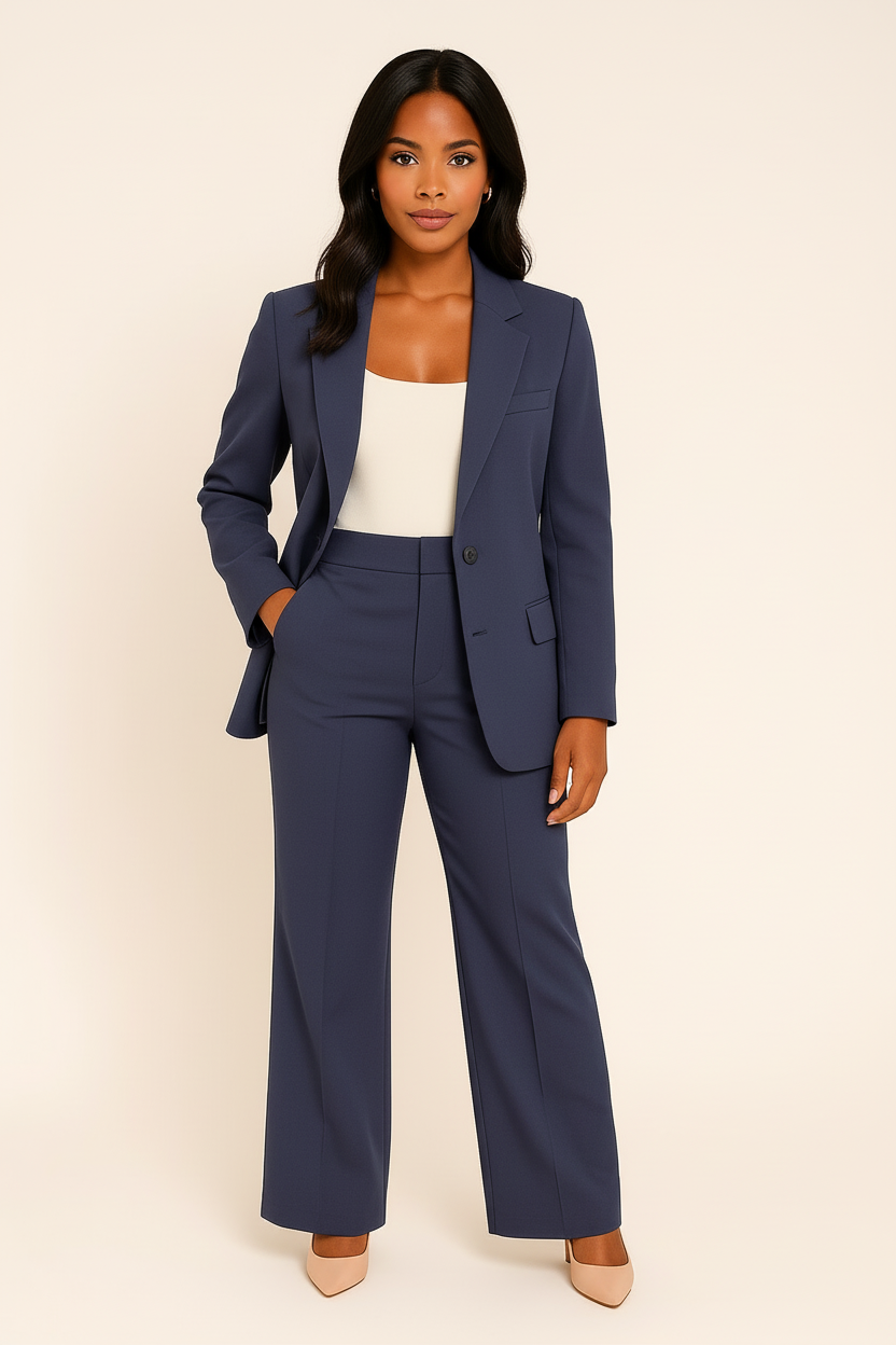 Modern women's tailored set, a classic blazer and pant combo in black for versatile formal wear.