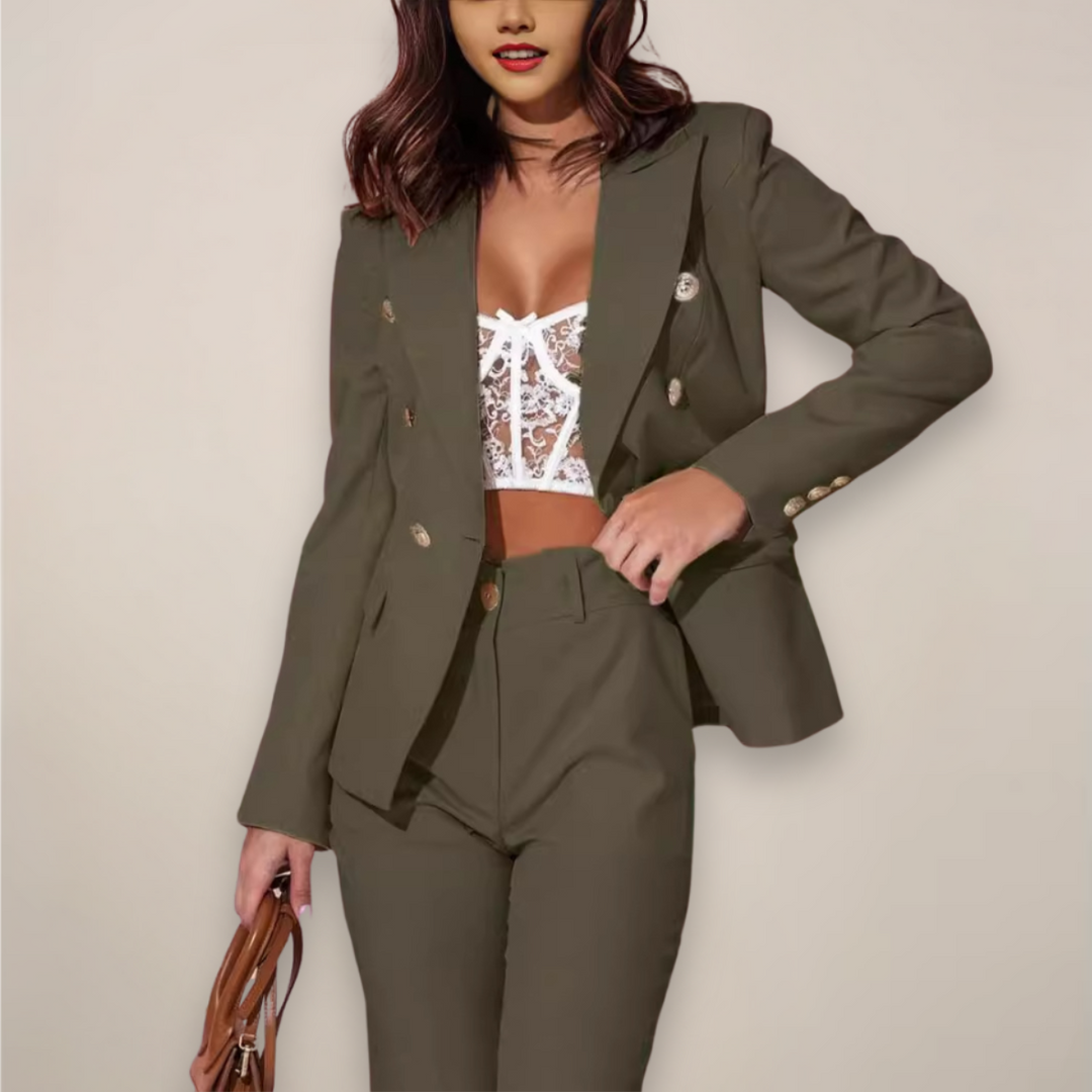 Elegant women's tailored blazer and pants suit in navy for business casual or formal wear