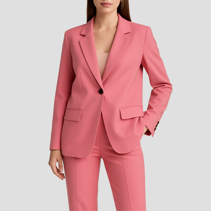 Two-piece women's summer suit: sophisticated tailored blazer and matching trousers for business casual.