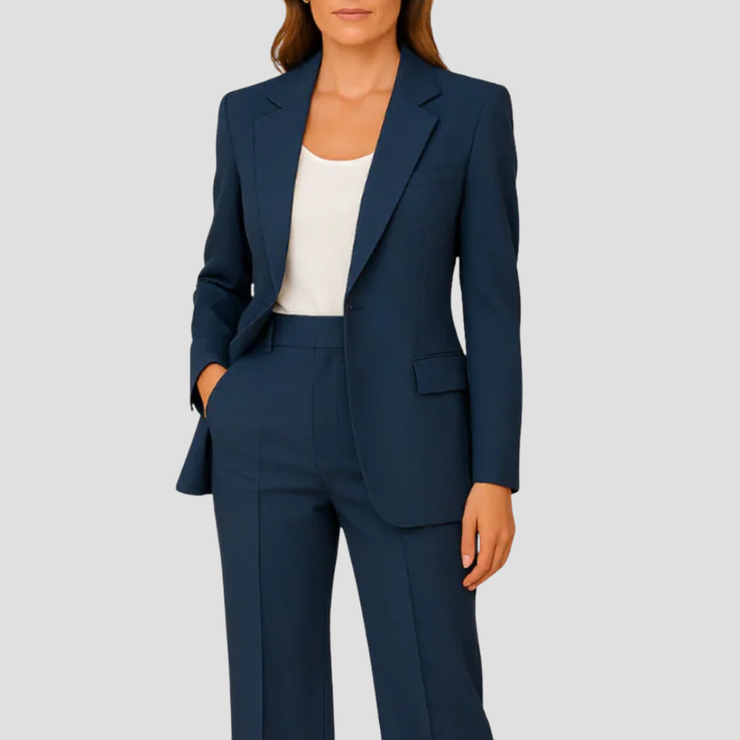 Formal women's elegant blazer and pants set for office, designed for comfortable summer wear.