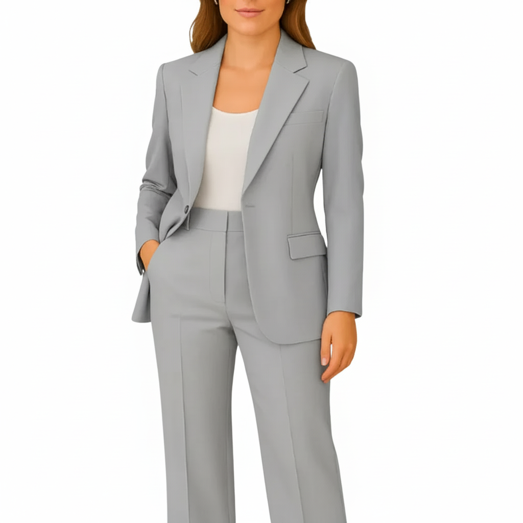 Stylish women's tailored suit with a smart blazer and trousers, ideal for warm weather work attire.