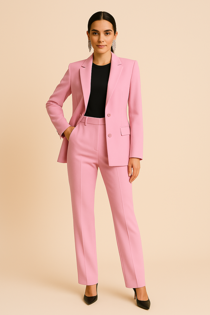 Elegant women's tailored blazer and pleated pants set in soft fabric, perfect for business casual.