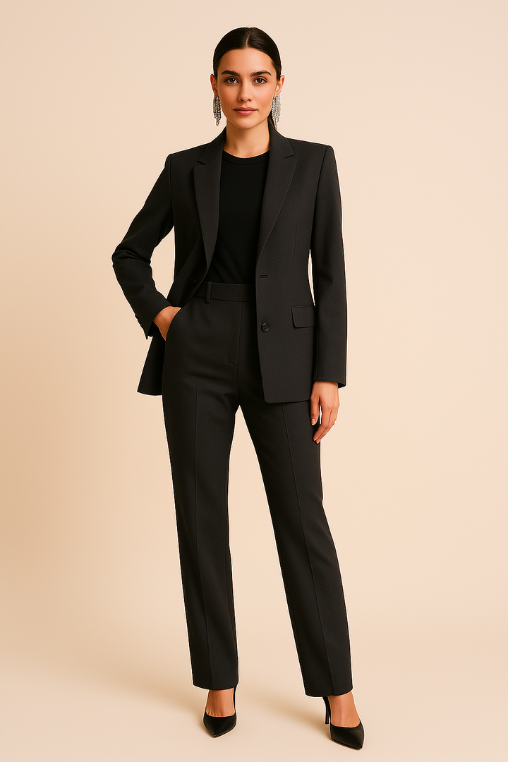 Two-piece women's suit set featuring a classic tailored blazer and comfortable pleated trousers.