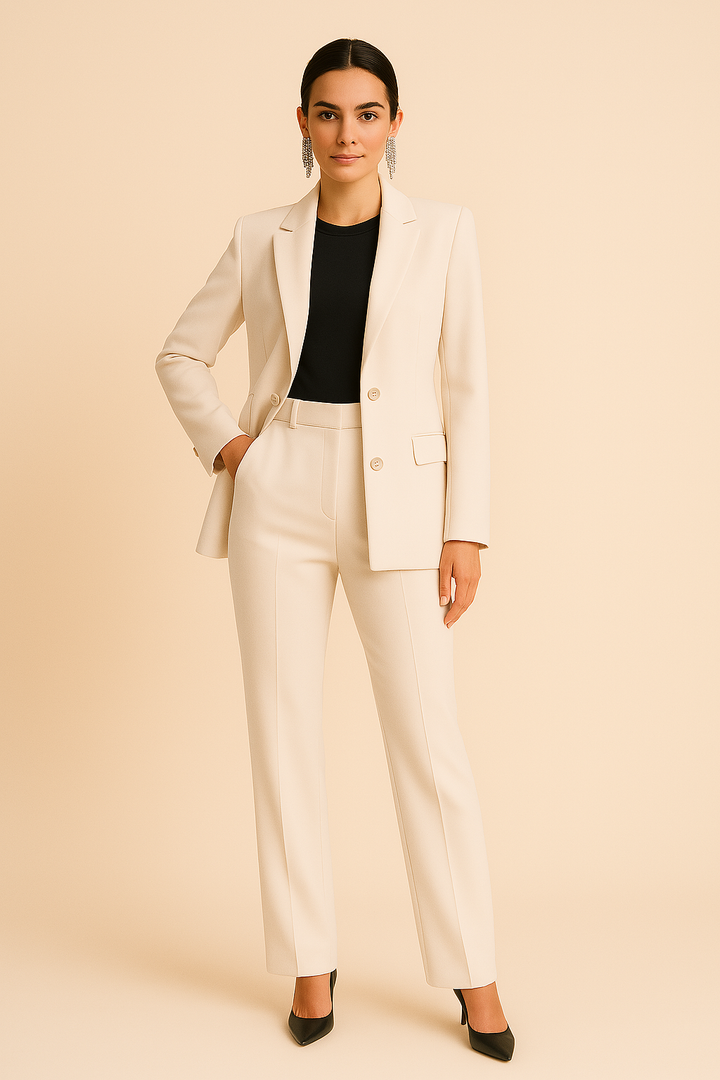 Sophisticated women's summer outfit featuring a tailored blazer and matching pleated trousers for an elegant look