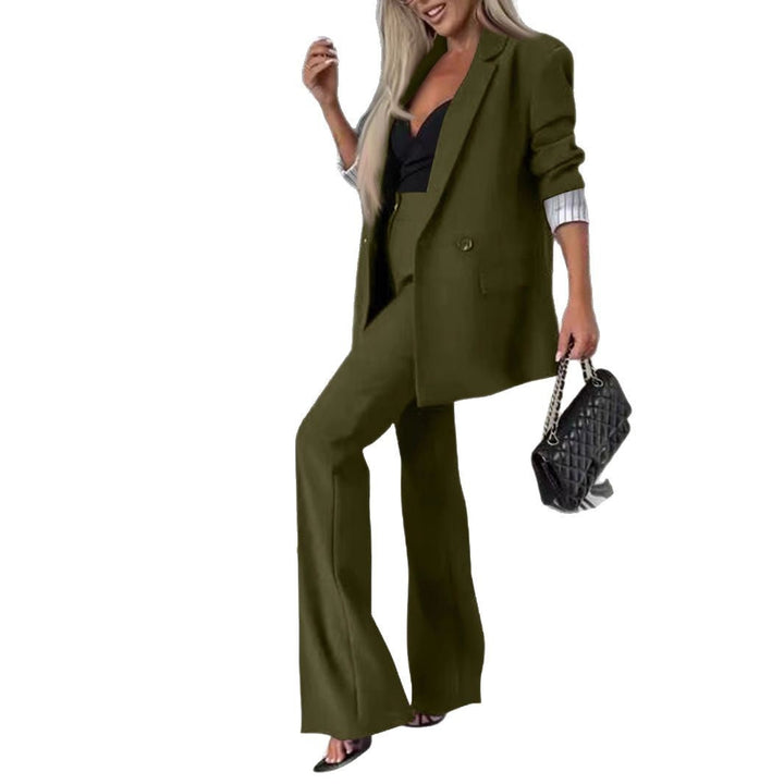Chic tailored blazer for women, part of an elegant two-piece suit set with matching wide-leg pants.