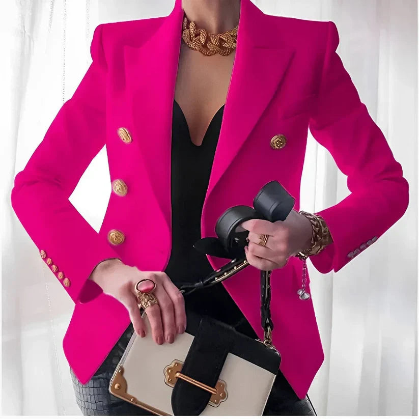 Professional women's black tailored jacket with eye-catching gold button closures, offering a blend of style and formality.