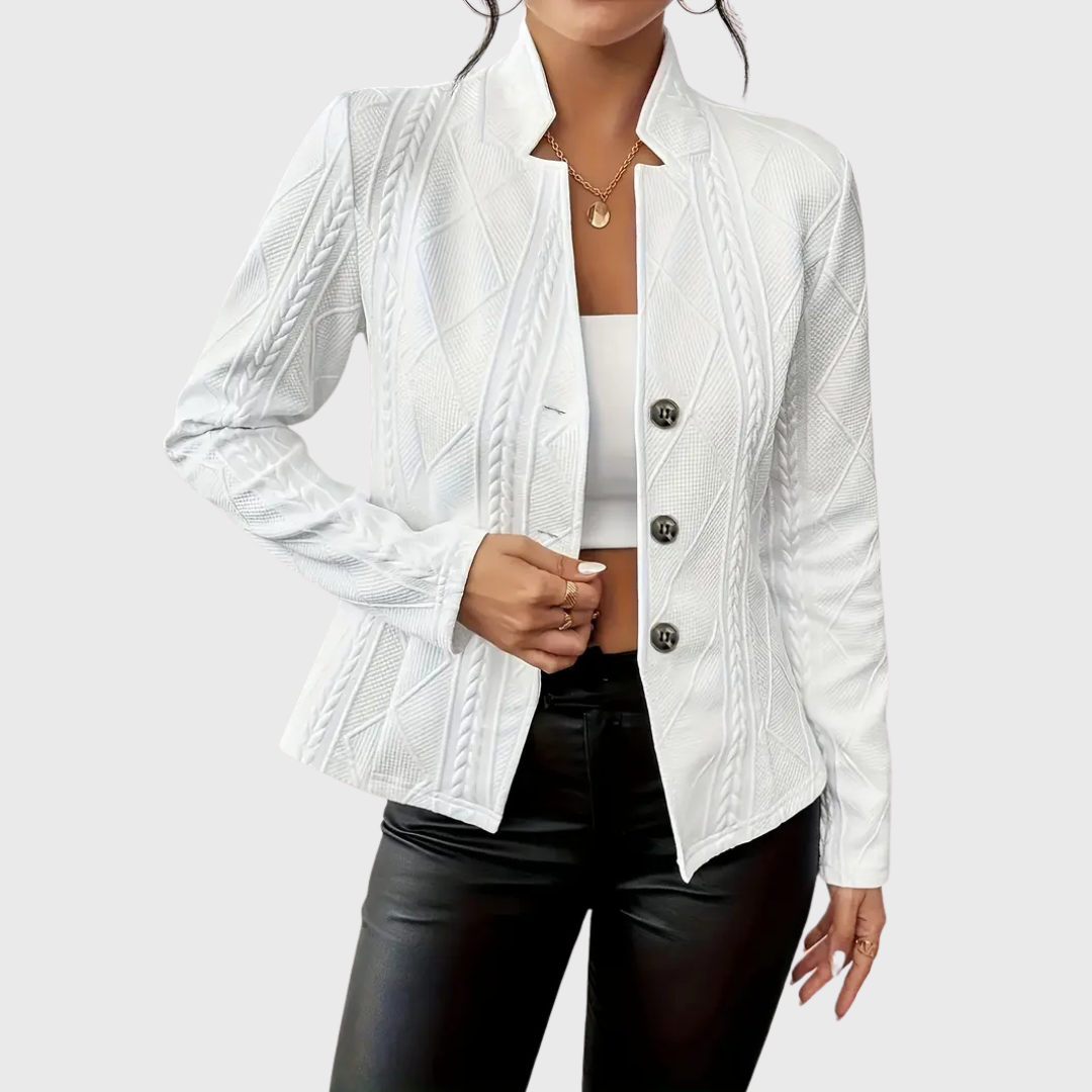 Elegant women's tailored blazer, white with single button closure, perfect for formal or casual outfits.