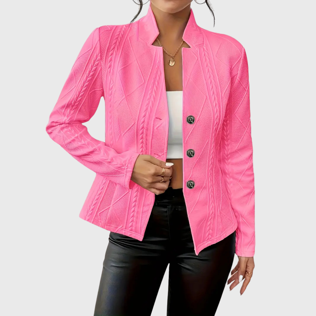 Back view of an elegant women's tailored blazer, showing its structured design and sophisticated appeal.